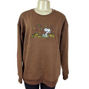 Snoopy Embroidered Brown Pullover Sweater Crewneck Soft Long Sleeve Womens
